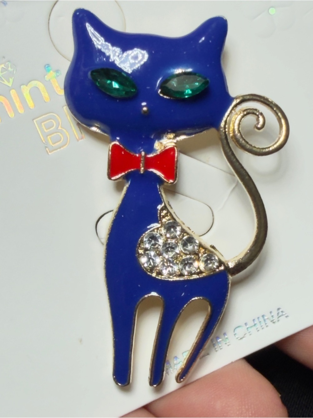 Blue Cat Brooch Rhinestone Enamel Red Bow Tie and Green Eyes